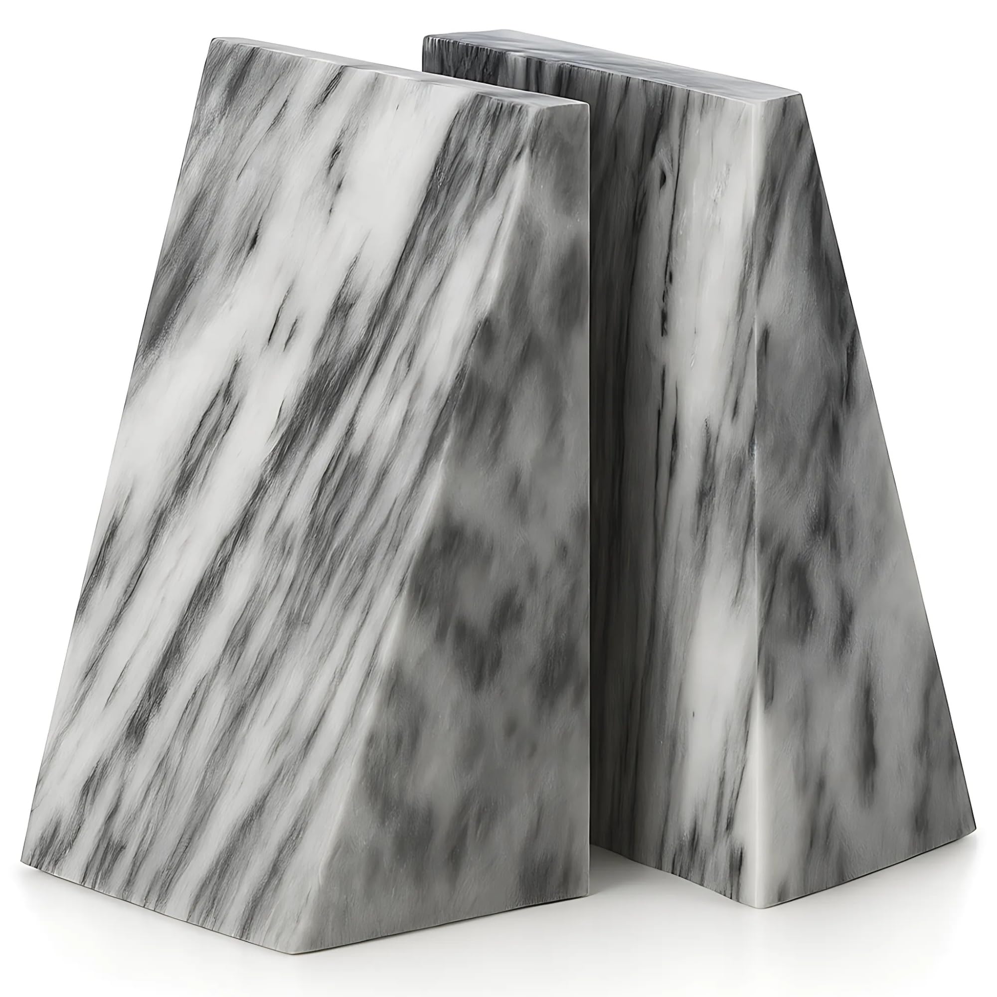 Triangular Natural Genuine Marble Bookends with Wedge Design (Grey)