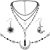 Huquary 3 Pcs Gothic Sun and Moon Jewelry Witch Jewelry Set Boho Head Chain Multilayer Star Choker Crystal Earrings for Women Halloween Cosplay