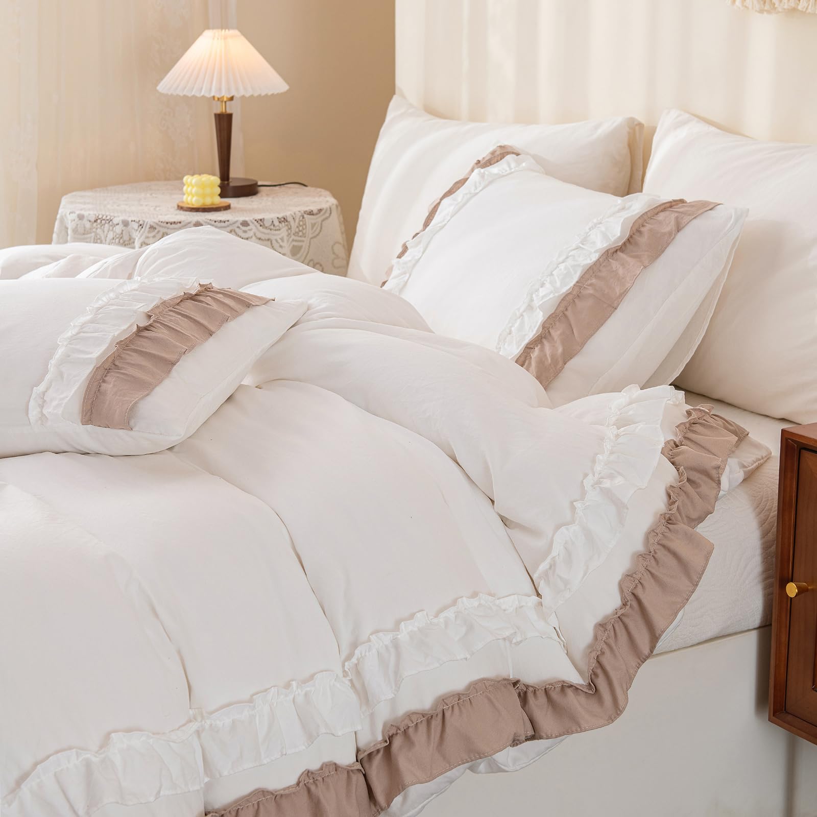Herside Ruffle Duvet Cover Super King Boho Bedding White Taupe 2-Layers Ruffle Design Farmhouse Bedding Sets 1 Duvet Cover 2 Pillowcases (White-Taupe, Super King)