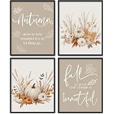 foedor Boho Neutral Fall Leaves Pumpkin Wall Art Decor, 8x10 Set of 4 | Beige Rustic Farmhouse Autumn Posters for Bedroom and Living Room Decor (Unframed)