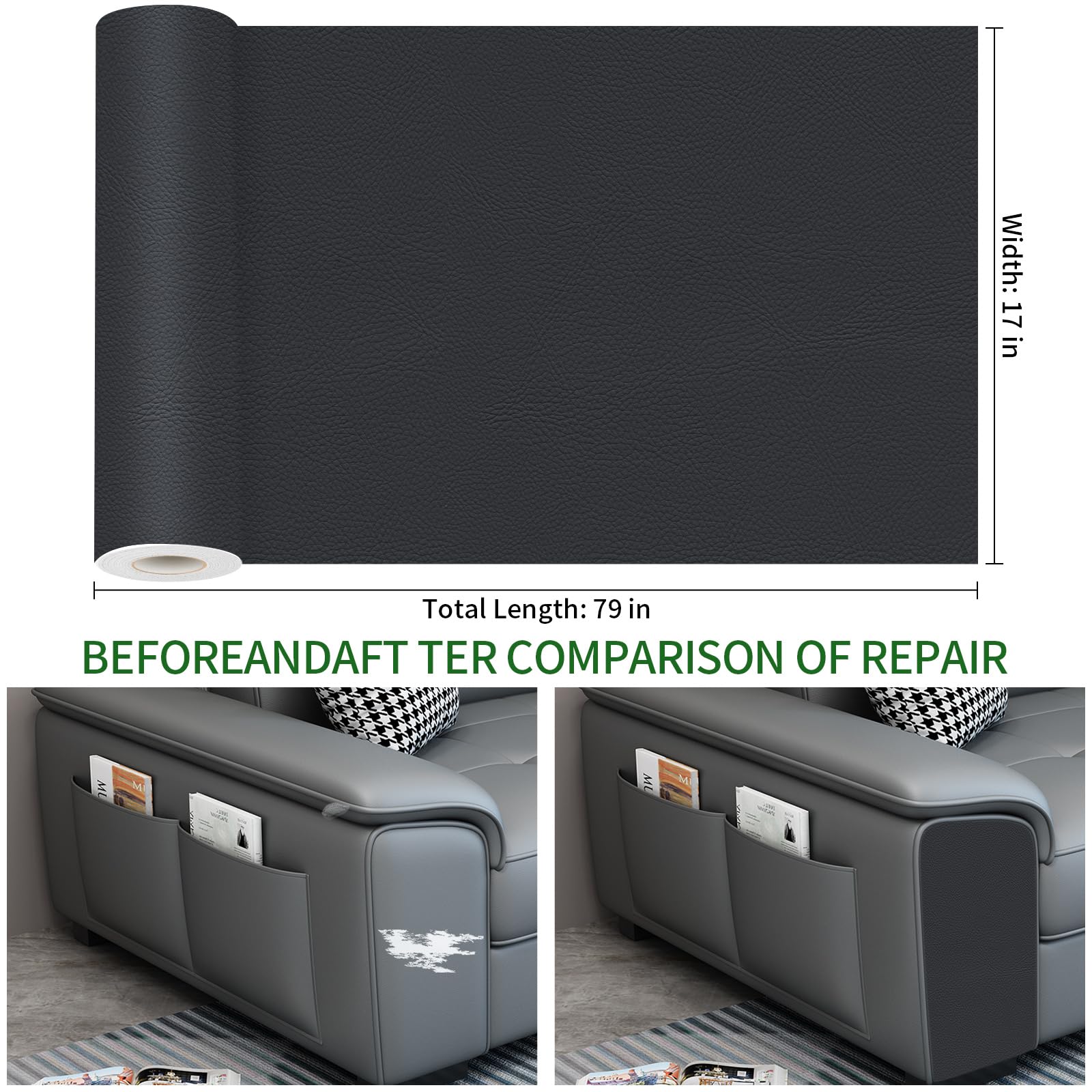 Leather Repair Patch 17X79 inch Large Self-Adhesive Leather Repair Tape Kit, Reupholster Leather Patches for Furniture Couch Chairs Car Seat (Black, 17x79 inch)