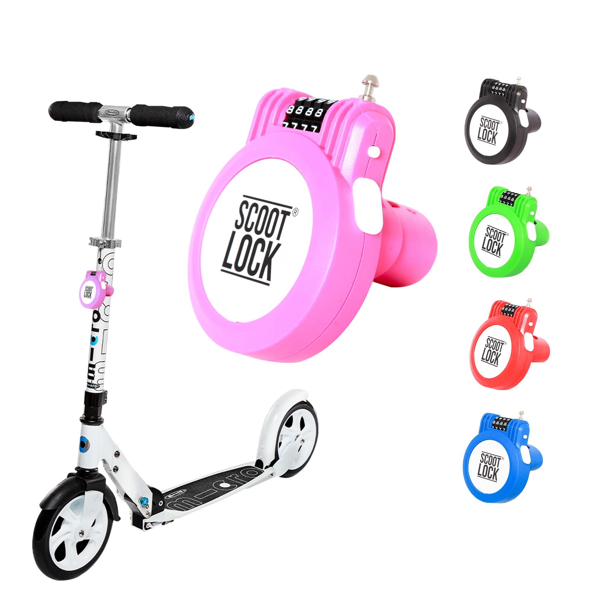 SCOOT LOCK® Portable Combination Scooter Lock New Reinforced Scooter Lock Steel Wire Chain Cable Micro Trunki Birdie Ozbozz EVO for Kids Children and Adults (Pink)