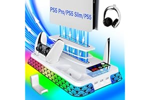 LHFDIAN PS5/Slim/Pro Stand and Cooling Station with LED Controller Charging Station for PlayStation 5 Console,Accessories Incl.Controller Charger,PS5 Cooling Fan,Headset Holder,3 USB Hubs (firework-white)