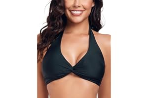Colloyes Women's Twist Front Halter Bikini Top V Neck Swimsuit Tops Padded Bathing Suit Top