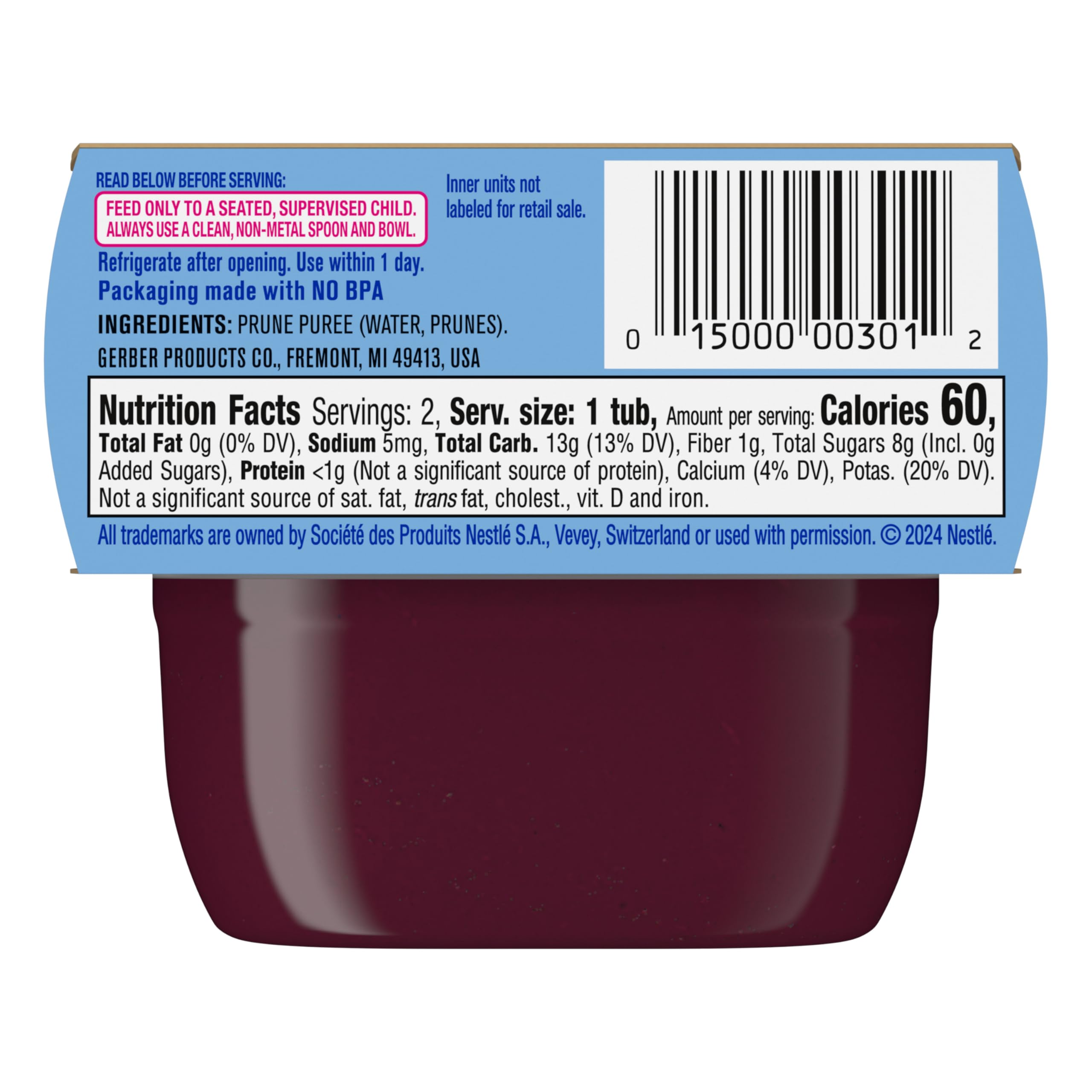 Gerber Stage 1 Baby Food, Prune Puree Tubs, No Artificial Colors or Flavors, Baby Puree, 16-Pack