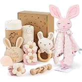 Baby Girl Gift Set for Baby Shower - 10 Piece Newborn Box with Essentials | Include Muslin Swaddle Blanket, Security Blanket, Wooden Rattles, Bib, Flower Headband, Socks, Card for Baby Girl Shower