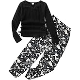 Kxuryueo Girls' Clothes Long Sleeve Ribbed Knit Ruched Tops & Camo Jogger Pants Sets Fall Outfits with Pockets Size 6-14Y