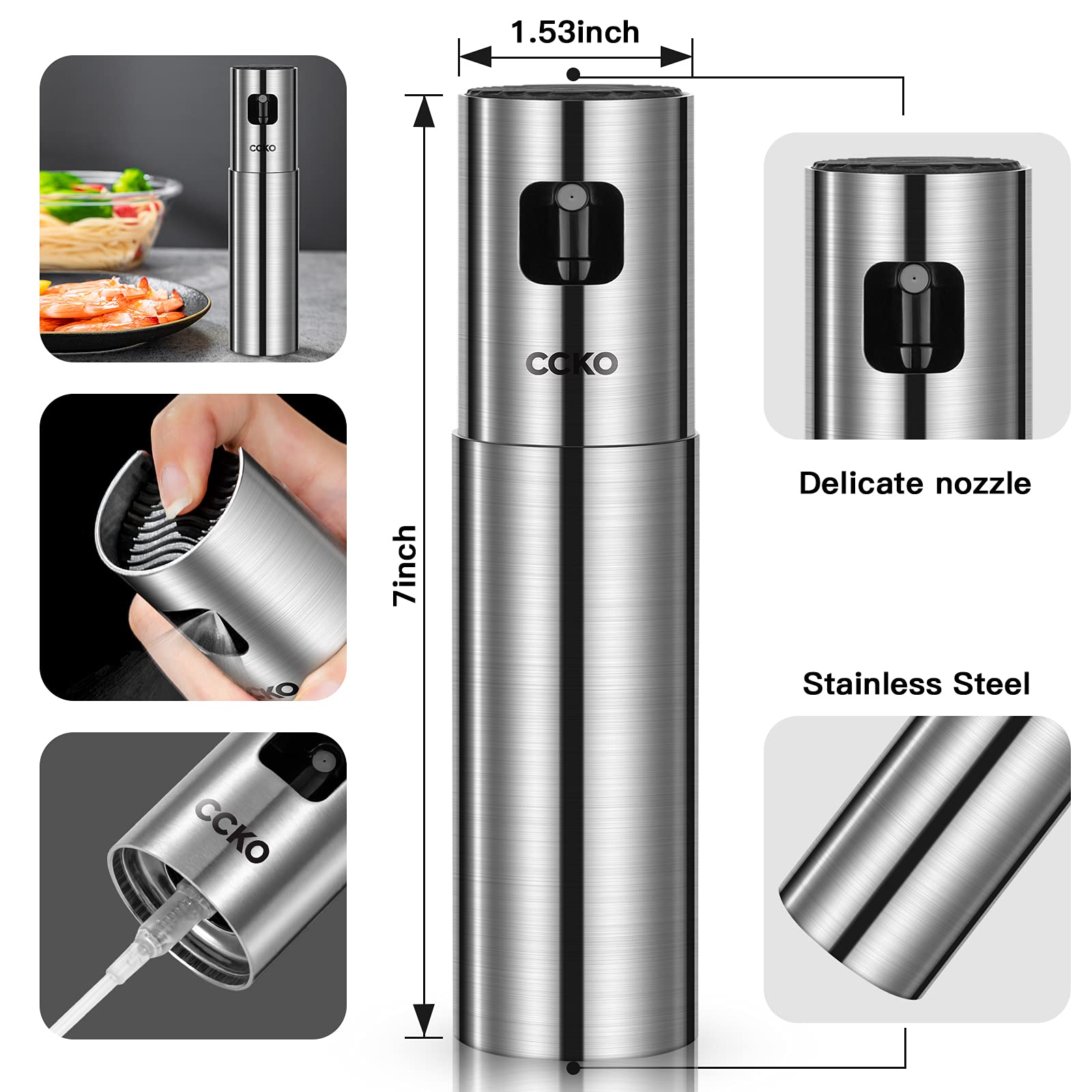 CCKO Oil Sprayer for Cooking Air Fryer Stainless Steel Olive Oil Sprayer Mister 100ML Portable Olive Oil Spray Bottle for BBQ,Salad, Kitchen Baking,Frying,Roasting,Grilling