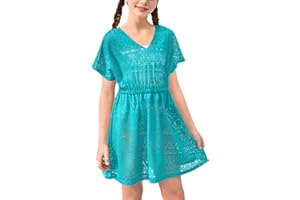 BesserBay Girls Summer Crochet Bat Sleeve Hollow Out Sheer Swimsuit A-line Hem Loose Fit Quickly Dry Coverups 5-14 Years