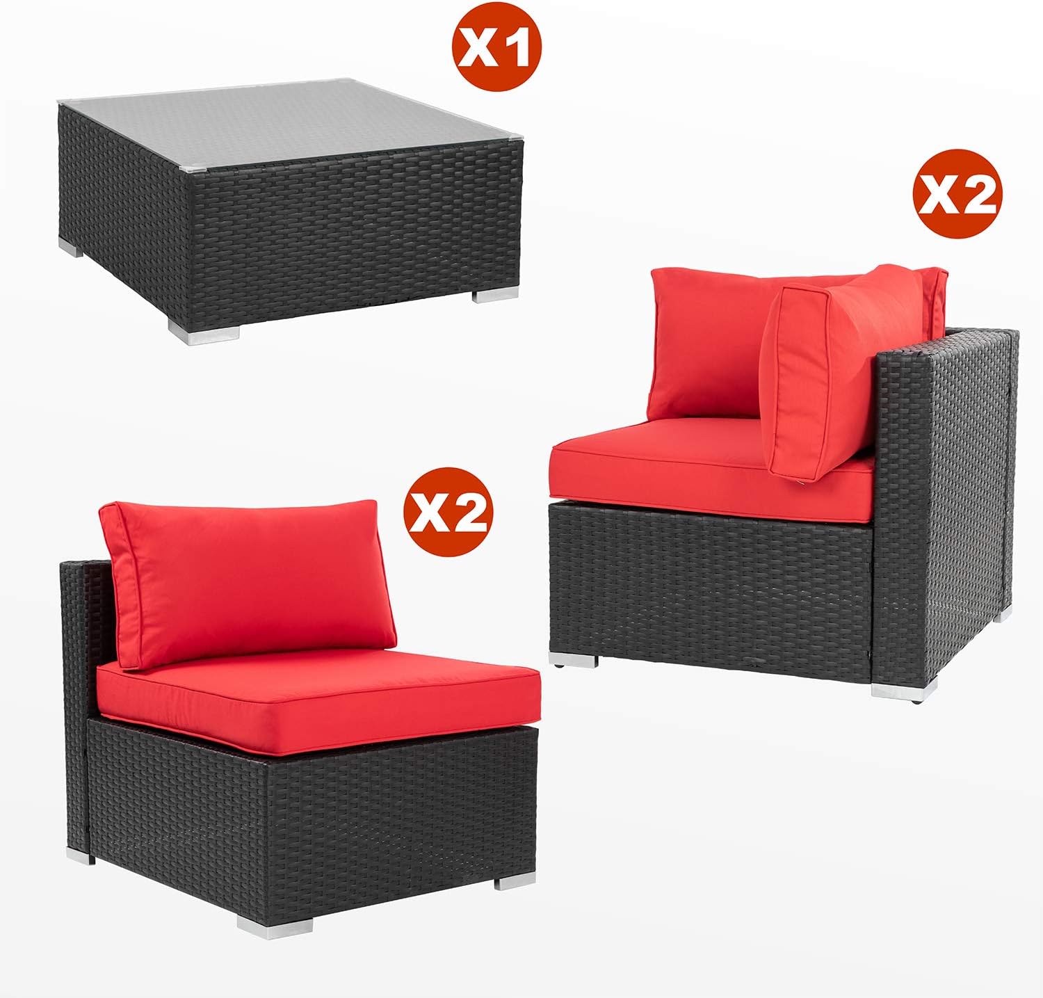 Walsunny 5pcs Patio Outdoor Furniture Sets, Low Back All-Weather Rattan Sectional Sofa with Tea Table&Washable Couch Cushions (Black Rattan) (Red) : Garden & Outdoor