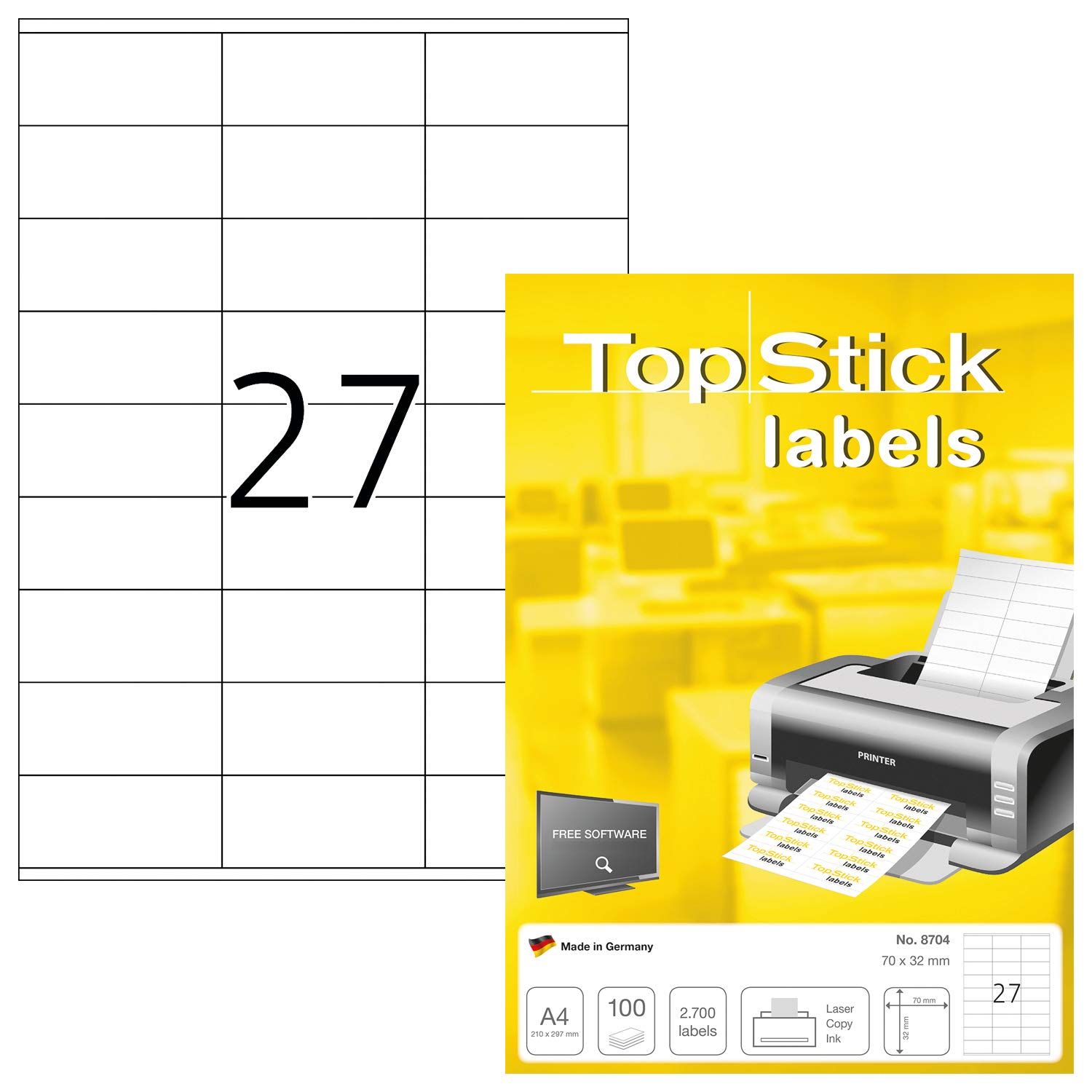 TopStick 8704 Multi-Purpose Labels, 27 Labels Per A4 Sheet, 70 x 32 mm, 2700 Labels, Self Adhesive, Small Stickers for Laser and Inkjet Printers, White