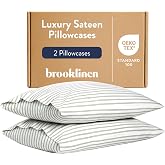 Brooklinen Sateen Pillowcase Set Luxury Softness - Standard, Green Stripe | Set of 2 silky 100% cotton sateen pillowcases with a smooth, breathable finish; envelope closure keeps pillows tucked.