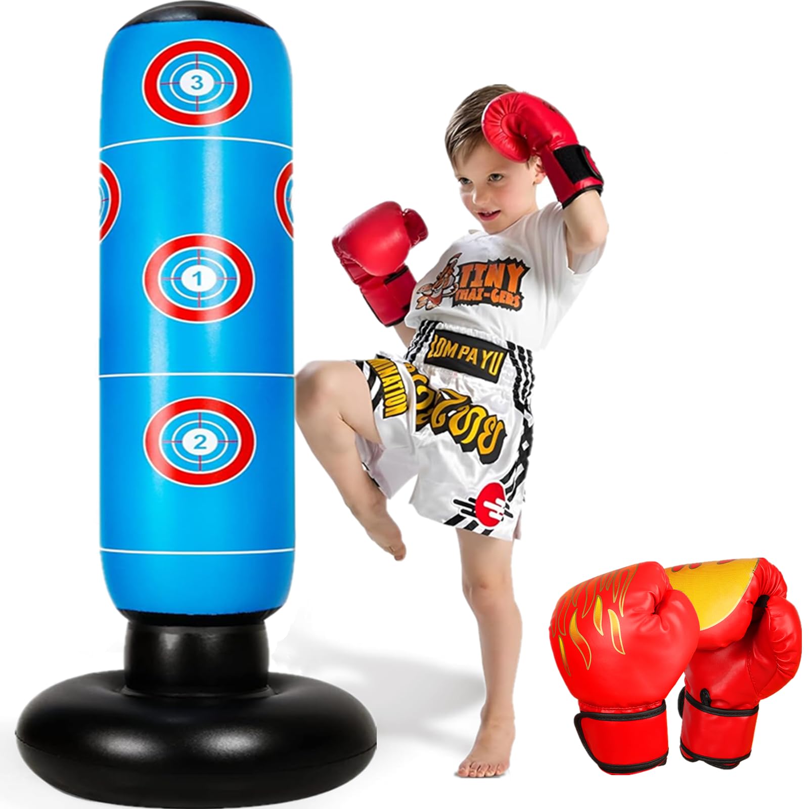 FOYOCER Punching Bag Kids with Boxing Gloves 160cm Inflatable Boxing Bag for Kids 3-12 Fun and Safe Exercise Toy for Home Play Gift for Boys & Girls BPA-free