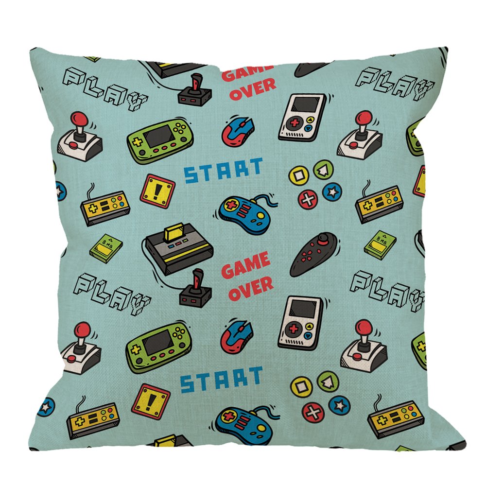 HGOD DESIGNS Gamer Pillow Covers,Decorative Throw Pillow Video Game and Game Handle Pattern Pillow cases Cotton Linen Outdoor Indoor Square Cushion Covers For Home Sofa couch 18x18 inch Light Blue