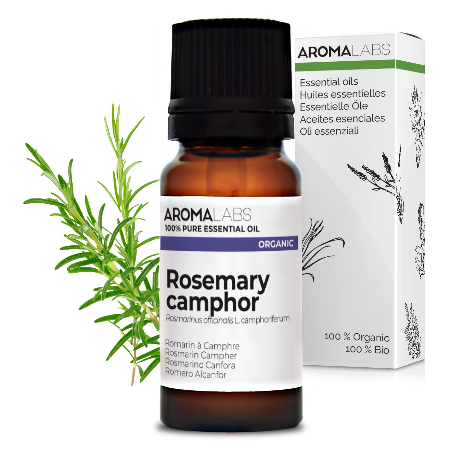 BIO - Rosemary Camphor Essential Oil - 10mL - 100% Pure, Natural, Chemotyped and AB Certified - AROMA LABS (French Brand)