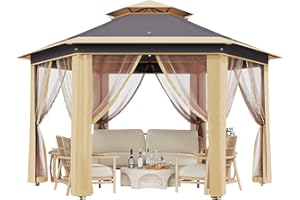 IDEALHOUSE 13x13 ft Pop Up Gazebo, Hexagonal Outdoor Canopy Tent with Curtains and Netting, Double Roof Aluminum Pavilion for