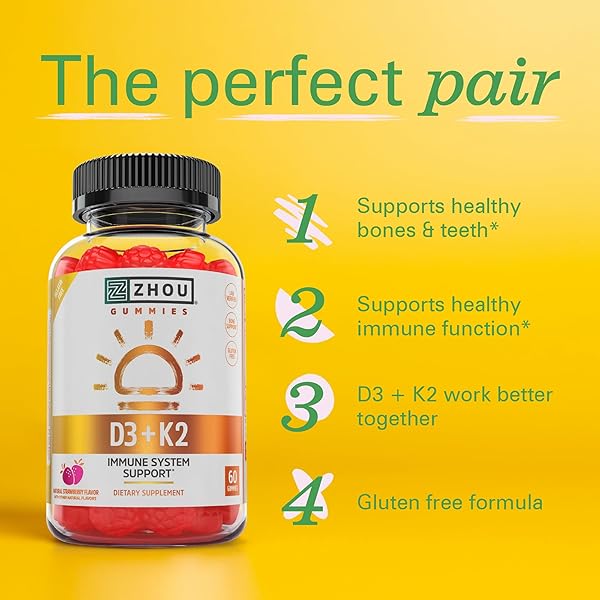 ZHOU D3+K2 – VITAMIN D3 K2 SUPPLEMENT FOR WOMEN & MEN, IMMUNE SUPPORT VIT D3 AND K2 GUMMY, GELATIN FREE FORMULA WITH 5000 IU OF D3 AND MK-7 – 60 VEGGIE GUMMIES (PACK OF 1)