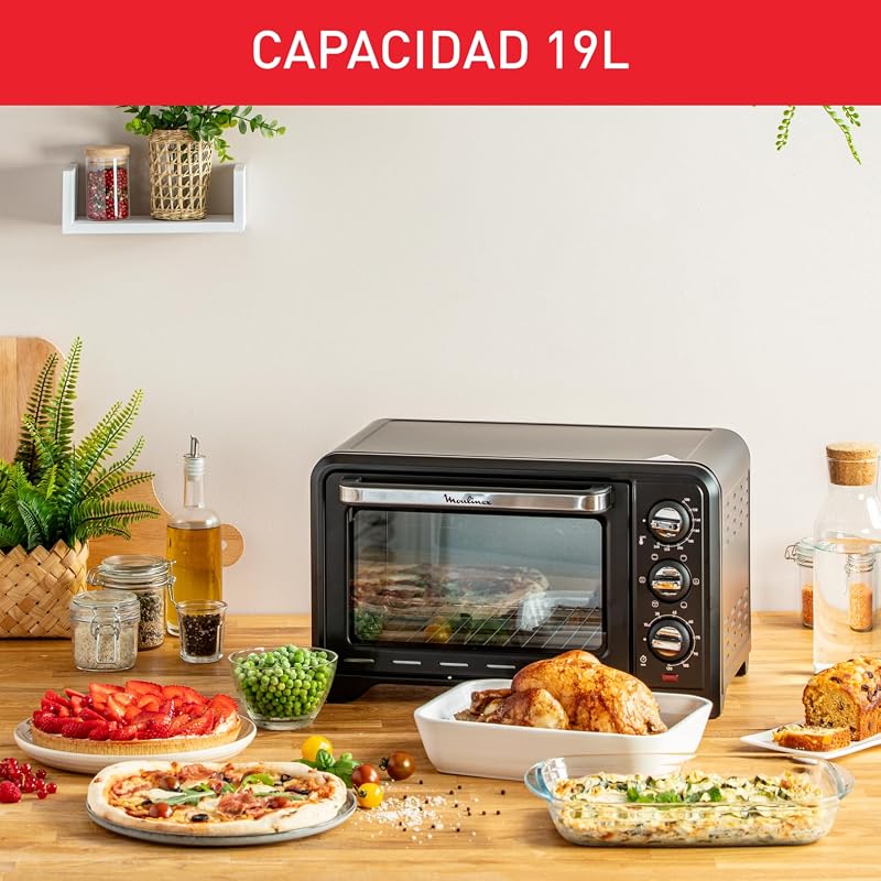 Moulinex optimo ox4448- forno de convecção de 19 l, 6 modos de cozimento, termostato até 240 e temporizador até 120 minutos, assadeira e grelhas reversíveis, design compacto