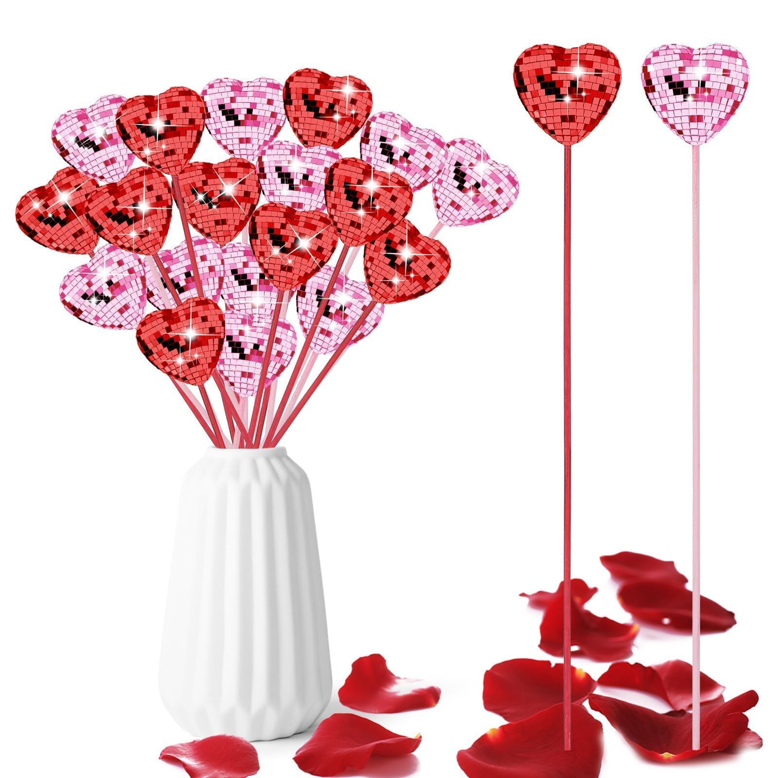 Photo 1 of 24 PCS Valentines Day Decoration Heart Picks with Mirror Disco Balls Glitter Red Love Valentines Picks for Vase Filler Heart Mirror Table Centerpieces for Valentine's Day Party Supplies(1, Pink Red)