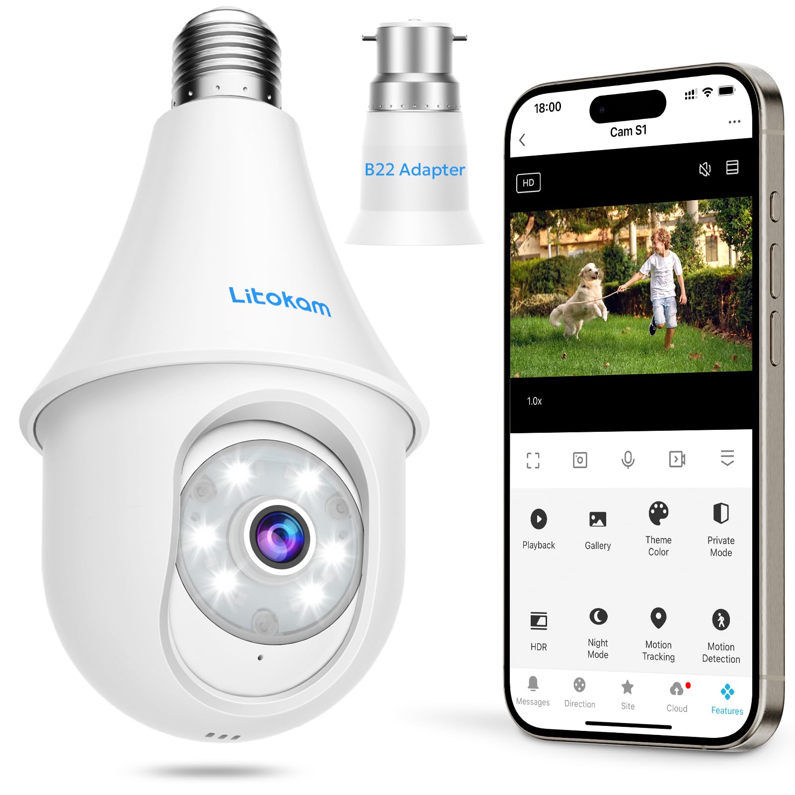 litokam Littleelf Light Bulb Camera, 2.5K 360 degree Wireless Camera Wifi Outdoor with Smart Motion Alarm, Baby Monitor