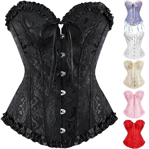 Nuoke Light Blue Corset Top Lace Up Satin Boned Overbust Bustier Top Vintage Bridal Lingerie Bodyshaper Halloween Gothic Underbust Sexy Bodysuit (Black, S)
