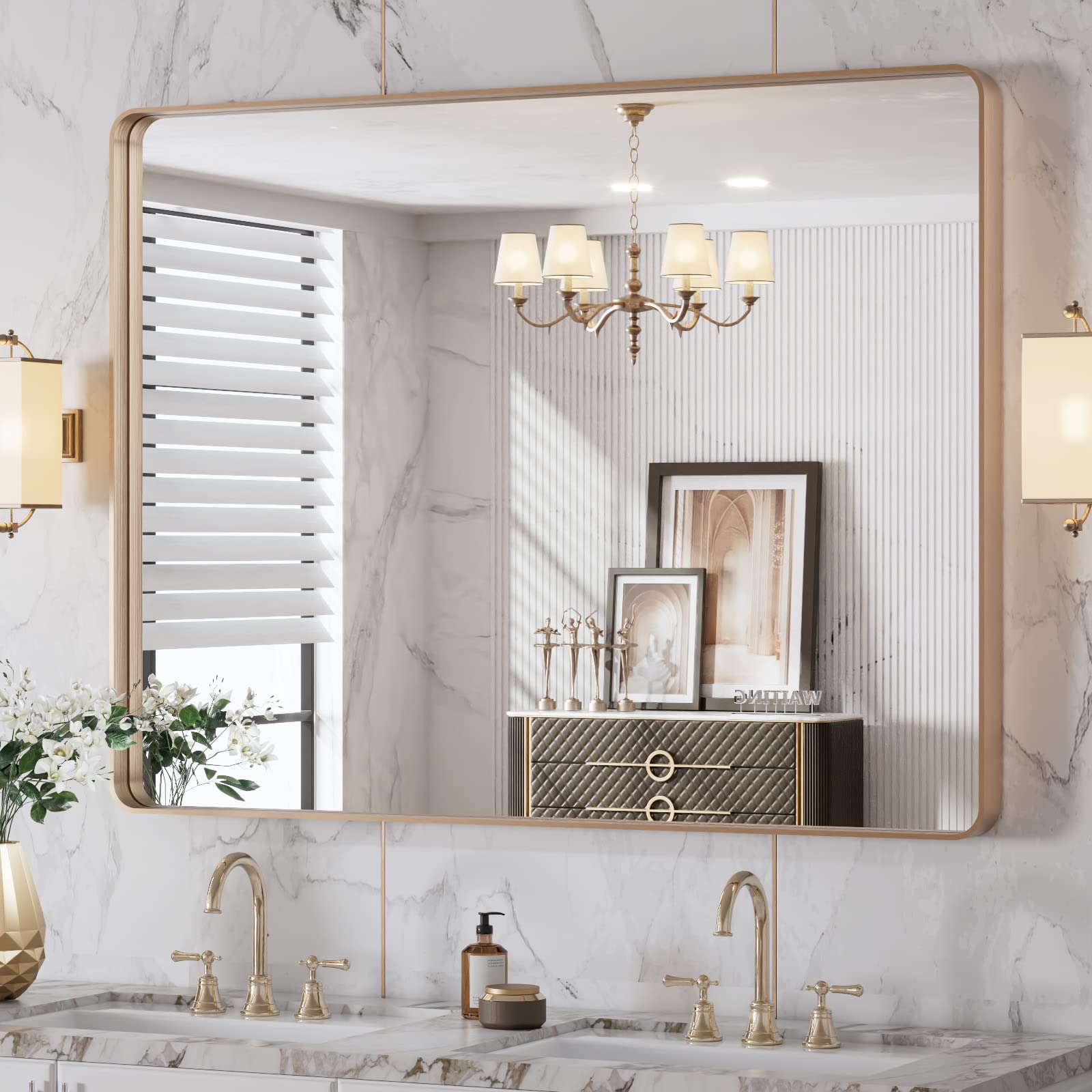 Photo 1 of ** BRAND NEW ITEM** LOAAO 40”X30” Gold Bathroom Mirror, Rounded Rectangle Gold Frame Mirror, Brushed Gold Bathroom Vanity Mirror Wall-Mounted, Anti-Rust, Tempered Glass, Hangs Horizontally or Vertically
