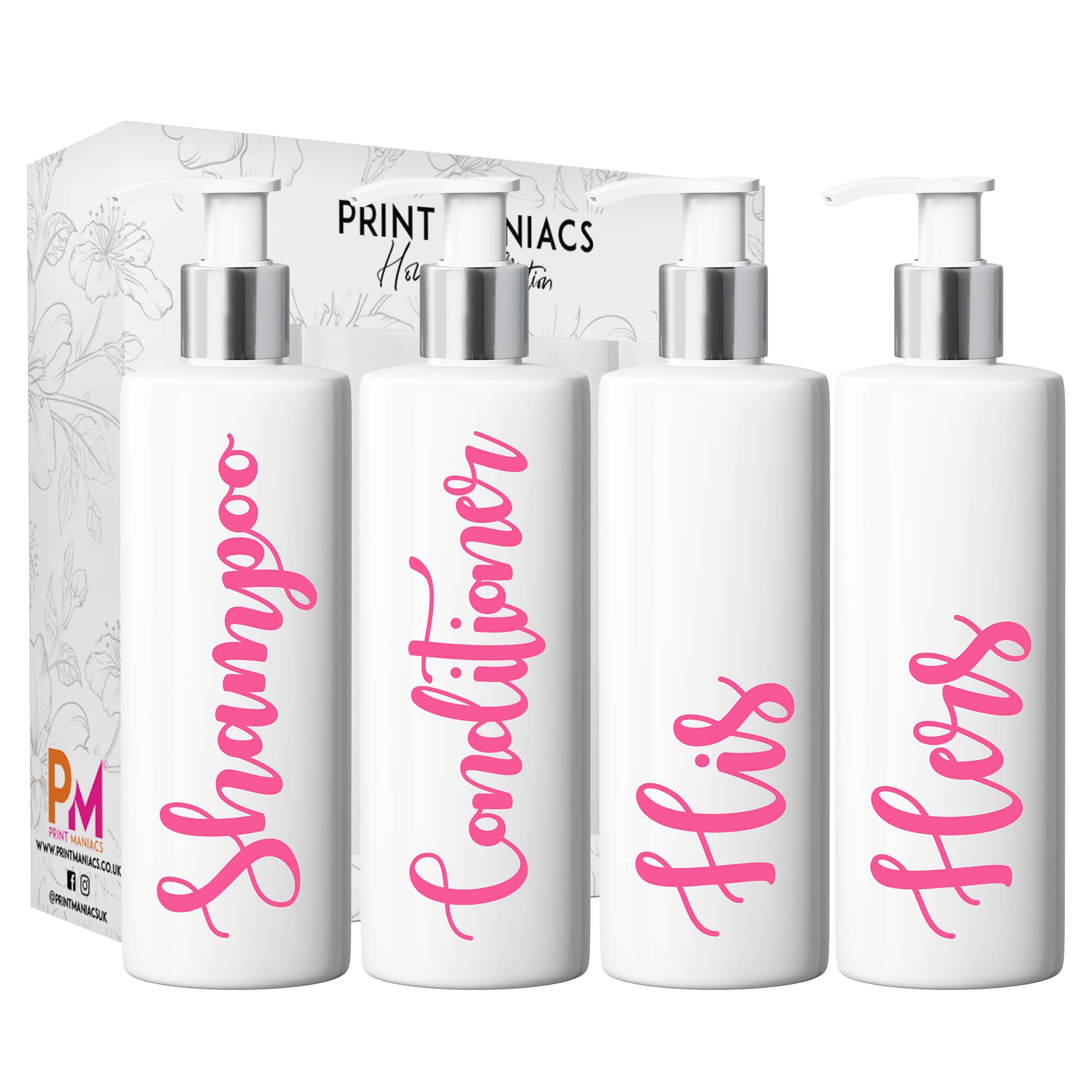 Print Maniacs White Mrs Hinch Inspired Personalised 500ml Pump Bottles Bathroom Lotion Kitchen Set Shampoo Conditioner (Set 4 His Her ) (Baby Pink)