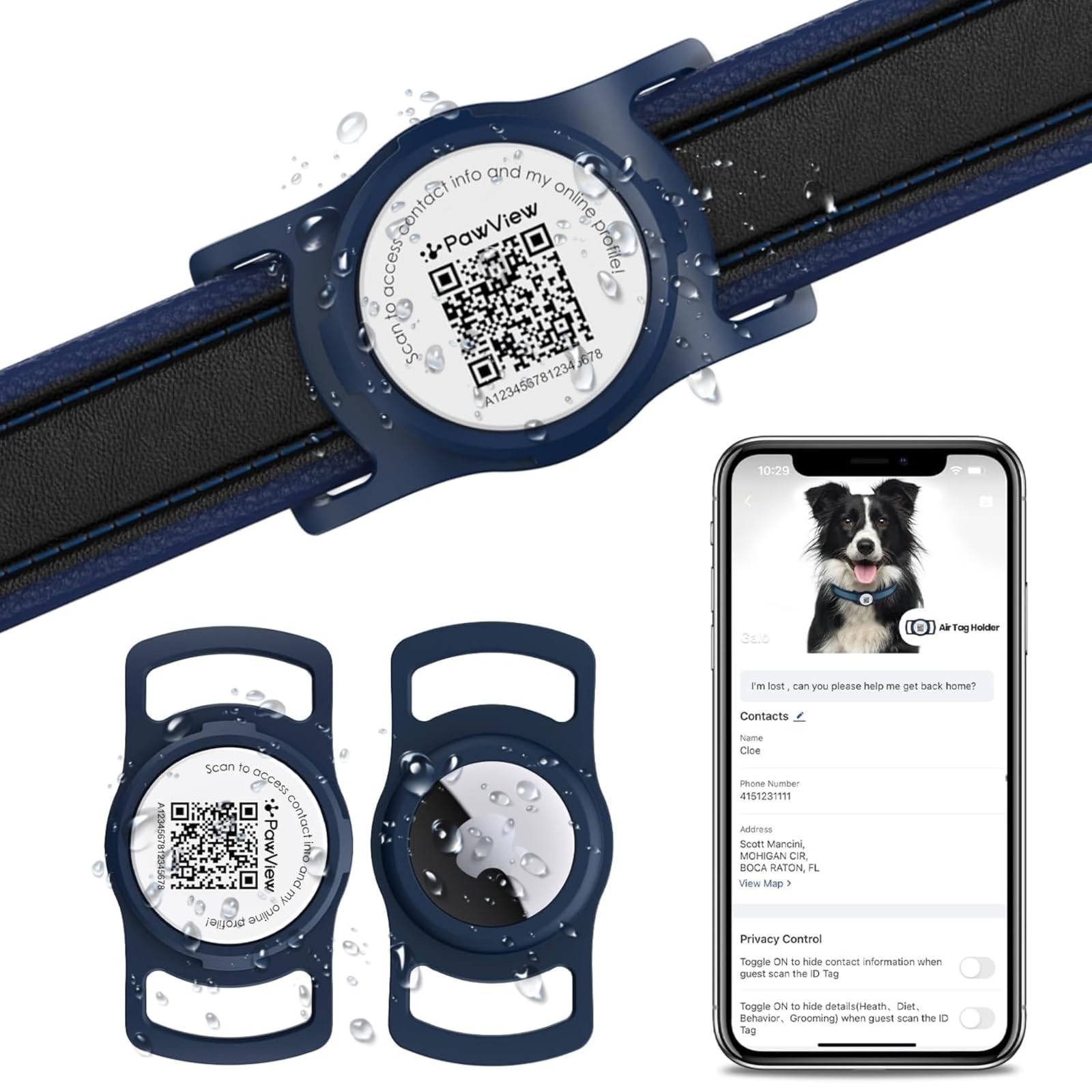 PawView AirTag Dog Collar Holder & Free App. Cat Tracker, Dog Tracker & Smart QR ID for Instant Location to Owner When Scanned, Pet Profile, Contact Info. Cat AirTag Collar & GPS Tracker