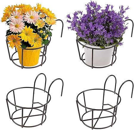 Ezzu Crafts || 4 Pack Round Metal Hanging Railing Planters,Hanging Railing Planter Flower Pot Holder Basket Iron Art Rack Fence Shelf Container for Balcony,Garden,Indoor and Outdoor (Black)