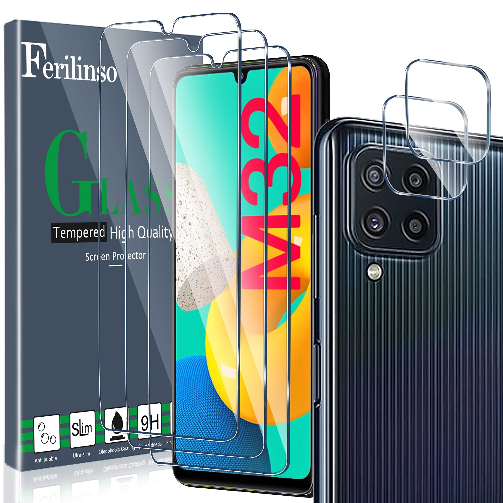 Ferilinso Designed for Samsung Galaxy M32 4G Armor Protection Glass, 3 Pieces HD Clear Protective film with 2 pieces camera armor film armor protection glass, camera protection