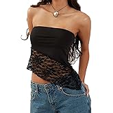 Xineicy Tube Tops for Women Strapless Lace Bandeau Going Out Crop Tops Y2k Asymmetrical Hem Summer Tops