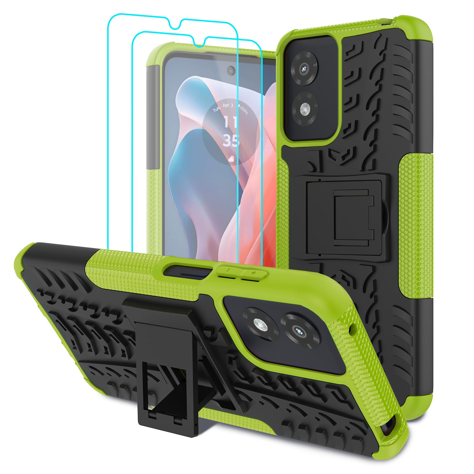 Iokmax for Moto G Play 2024 Case with 2 Pack Screen Protector,Military Grade Shockproof, Heavy Duty Robust Bumper Cover with Kickstand for Motorola G Play 2024 Phone Green