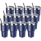 DOMICARE 30 oz Tumbler with Lid and Straw, Stainless Steel Tumblers Bulk, Insulated Vacuum Double Wall Travel Coffee Mug, Durable Powder Coated Tumbler Cups (Navy, 12)