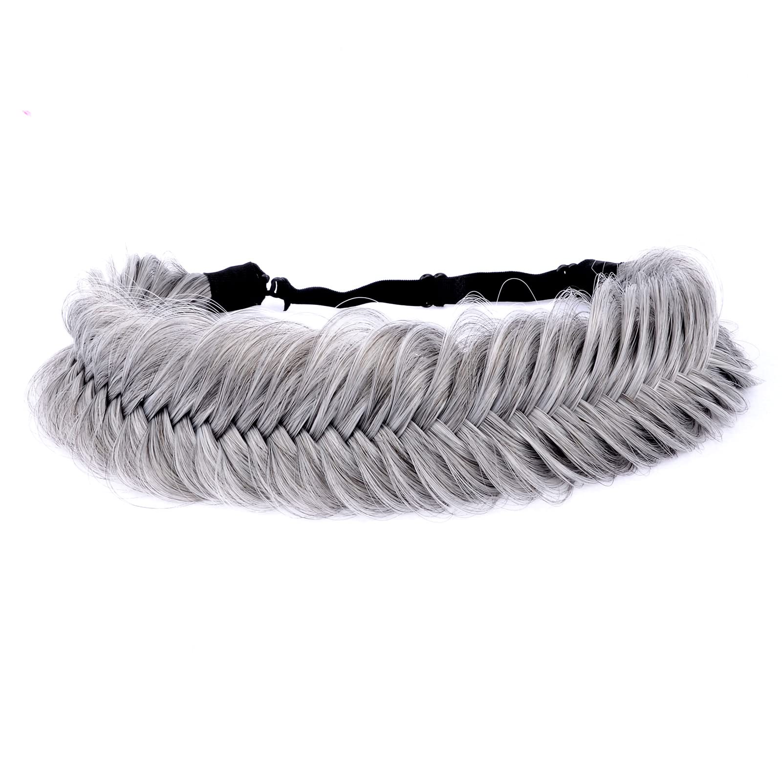 BOBIYA Wide Fishtail Synthetic Hair Braided Headband Classic Chunky Plaited Braids Elastic Stretch Hairpiece Women Girl (Salt Pepper) — image 1