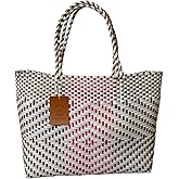 Dallas Hill Designs Handwoven Super Tote Bag for Women | Recycled Plastic Shoulder Purse | Summer Beach, Pool, and Travel Handbag (White Pink & Gold)