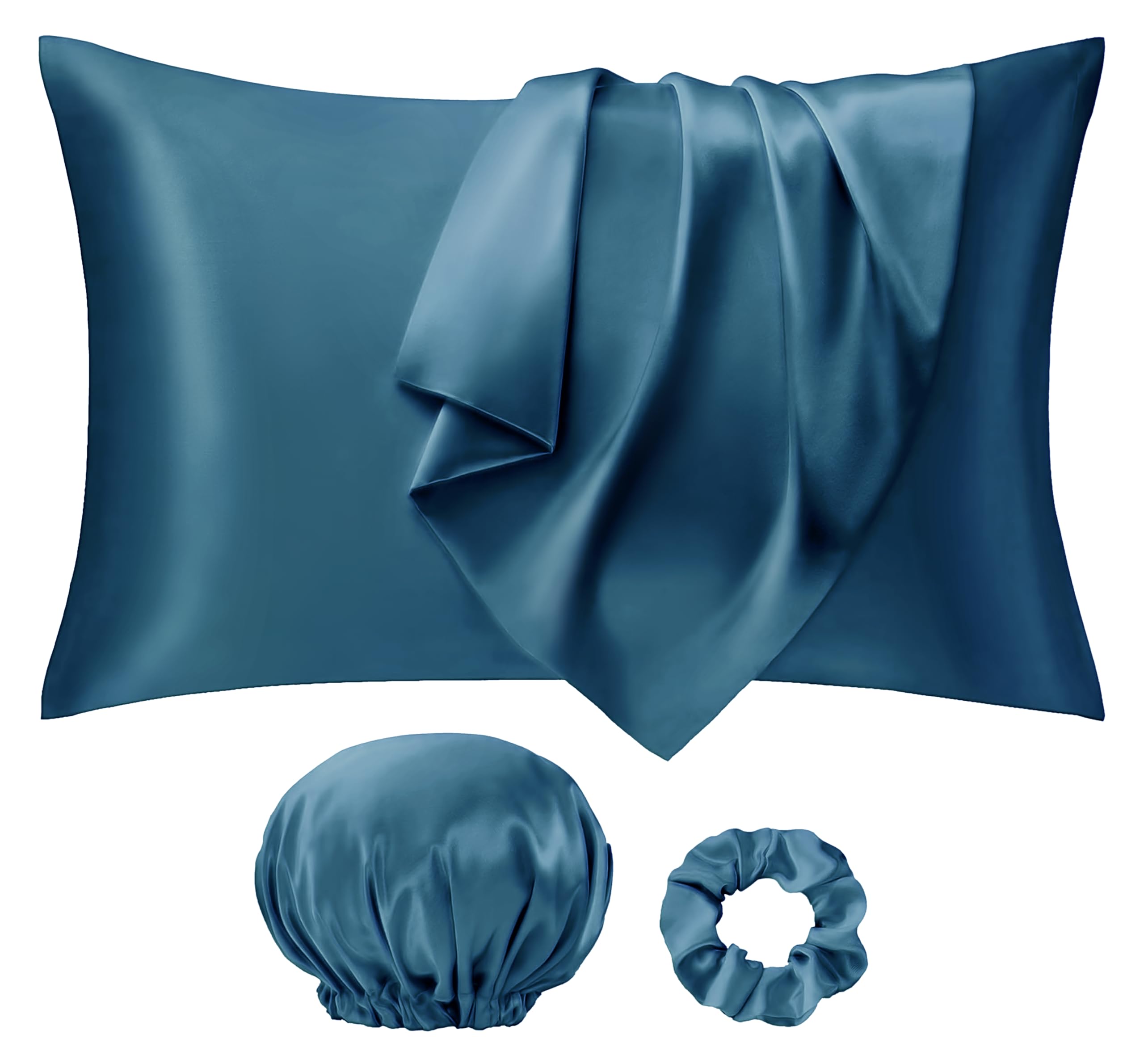 Seiwohl Satin Pillowcases for Hair and Skin 2 Pack & Satin Hair Scrunchie and Bonnet Set, Silky Pillow Cases with Envelope Closure, Vintage Indigo, Standard Size 50x75 cm