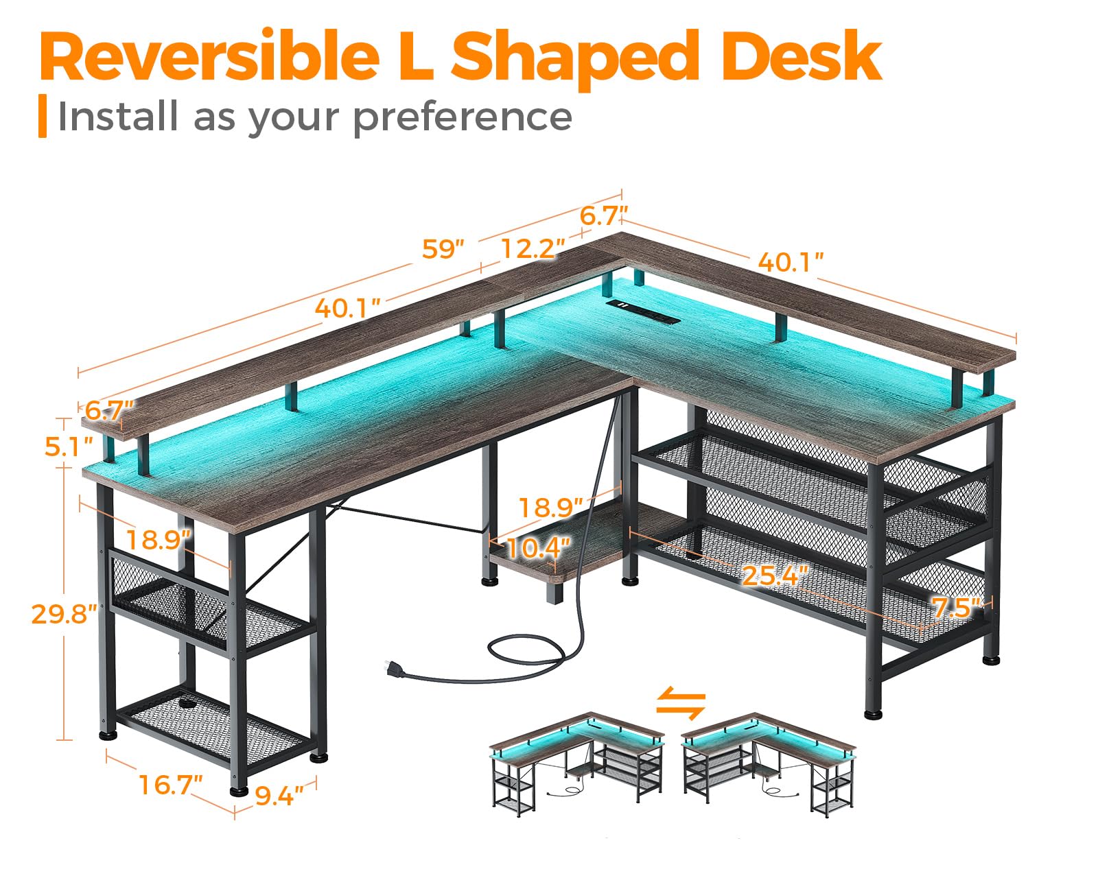 Mua ODK 59" L Shaped Gaming Desk with Power Outlet and LED Lights, PC ...