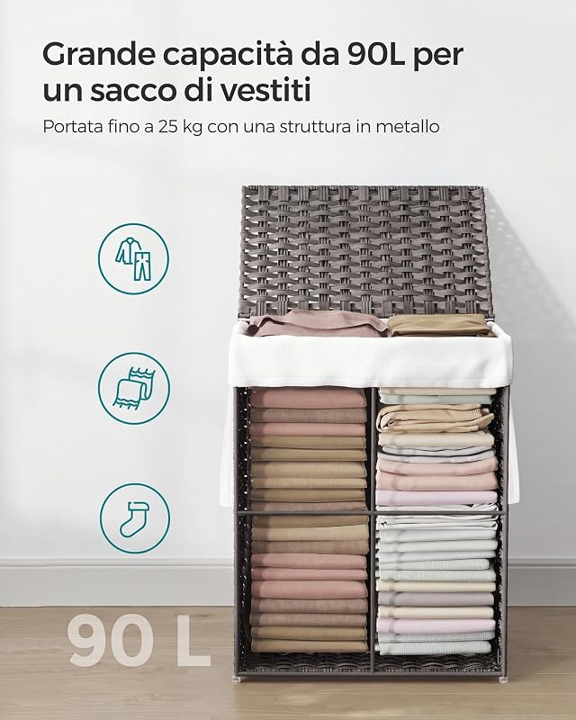Cesta Portabiancheria da 90 L, con Coperchio, Pieghevole