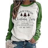 Susongeth Farm Fresh Christmas Trees Baseball Sweatshirt for Women Merry Christmas Splicing Plaid Raglan Pullover Shirts