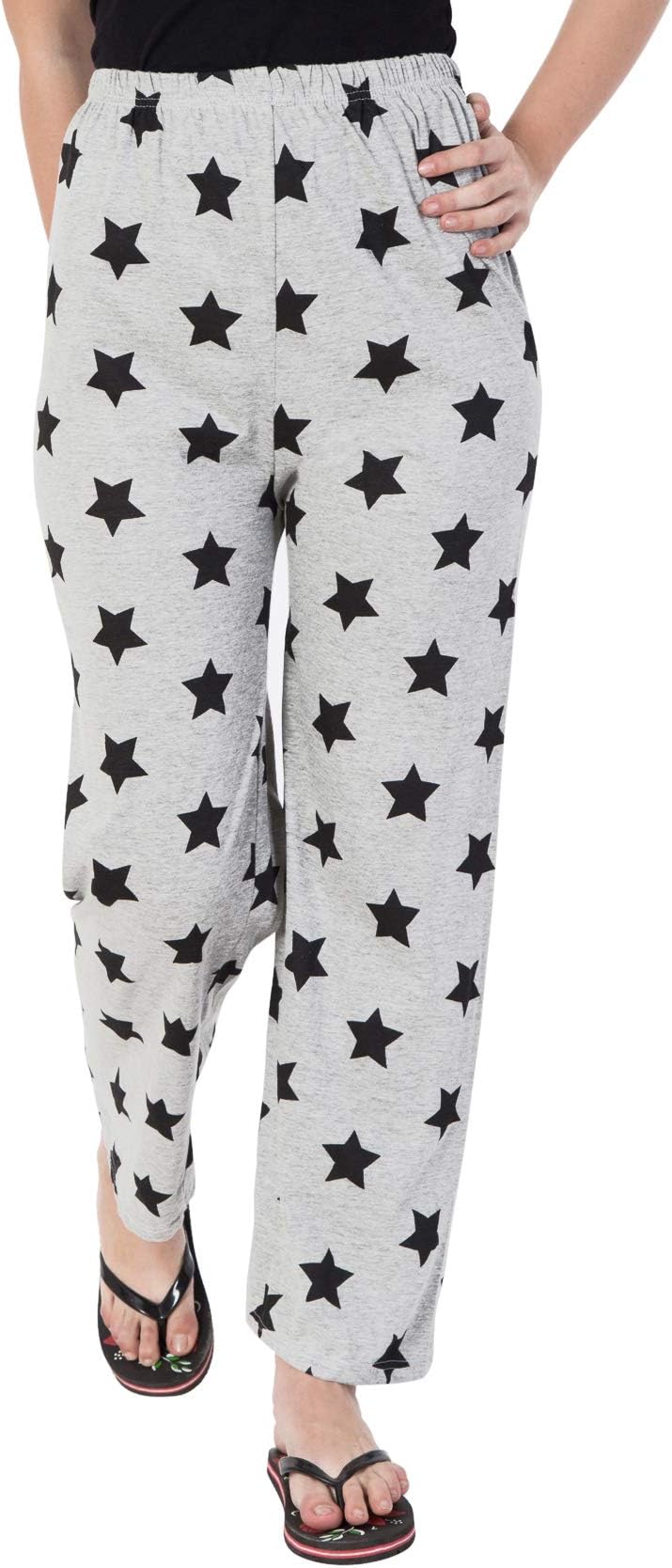 Fflirtygo Night Pyjamas for Women, Night Dress, Lounge Wear, Black Color Star Printed On Grey Pyjama,–Soft Cotton Night Wear