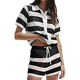 Tankaneo Womens 2 Piece Short Sets Crochet Knit Striped Summer Short Sleeve Shirts Beach Cover Up Travel Vacation Outfits