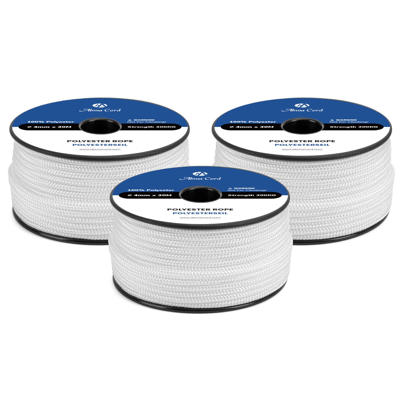 Abma Cord Polyester Cord 4mm x 30m Braid Polyester Rope, White - Heavy Duty & Low Stretch - High UV & Abrasion Resistance