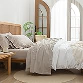 BESTOUCH Sheet Set 100% Washed Cotton Linen Feel Super Soft Comfortable Chic Lightweight 4 Pcs Home Bedding Set Solid Linen Grey Queen