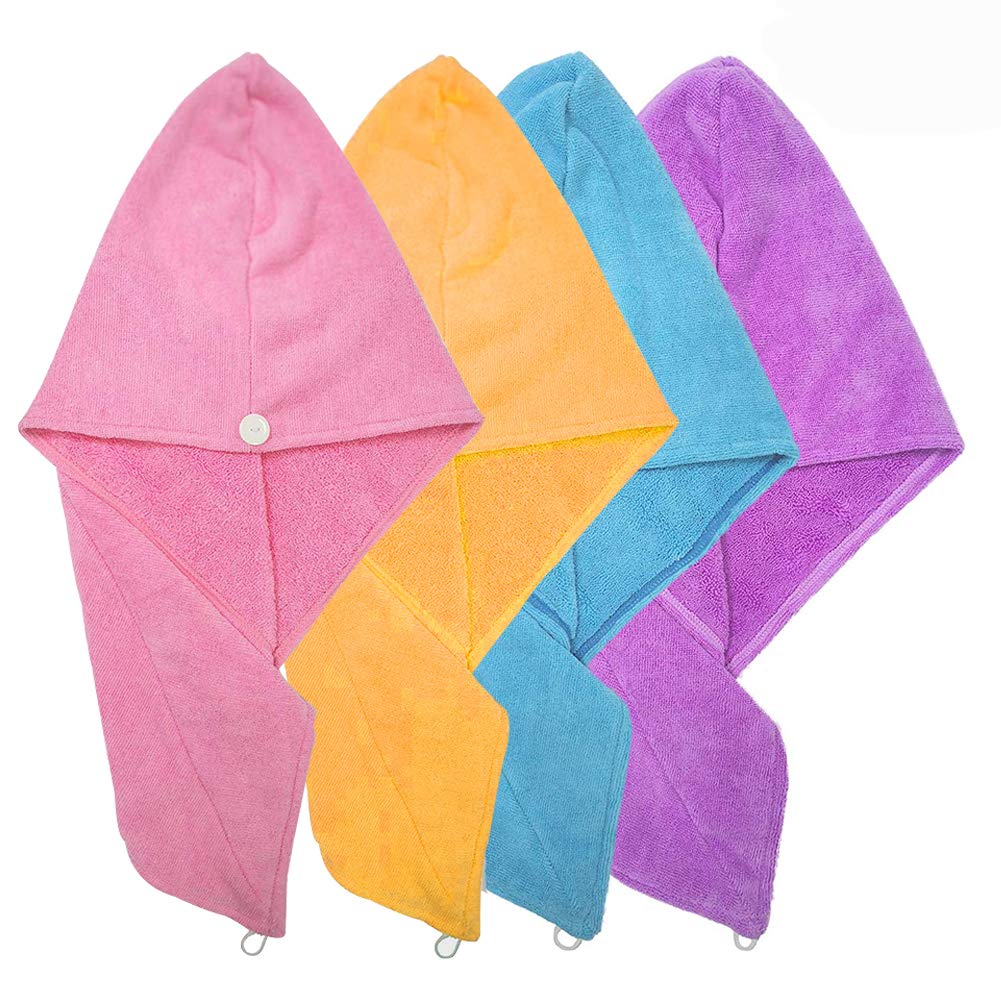 BETOY Dry Hair Cap, 4 pcs Quick Dry Hair Turban Ultra Water Absorbent Microfibre Hair Turban Wrap Drying Towel with Button for All Hair Styles, Blue Pink Purple Yellow