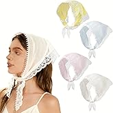 JahoneCo 4PCS Lace Head Scarf Lace Bandana Headband Hair Bandanas for Women, Triangle Kerchief Hair Scarf Cute Knitted Soft White Bandana Headband with Floral Embroidered, Gifts for women