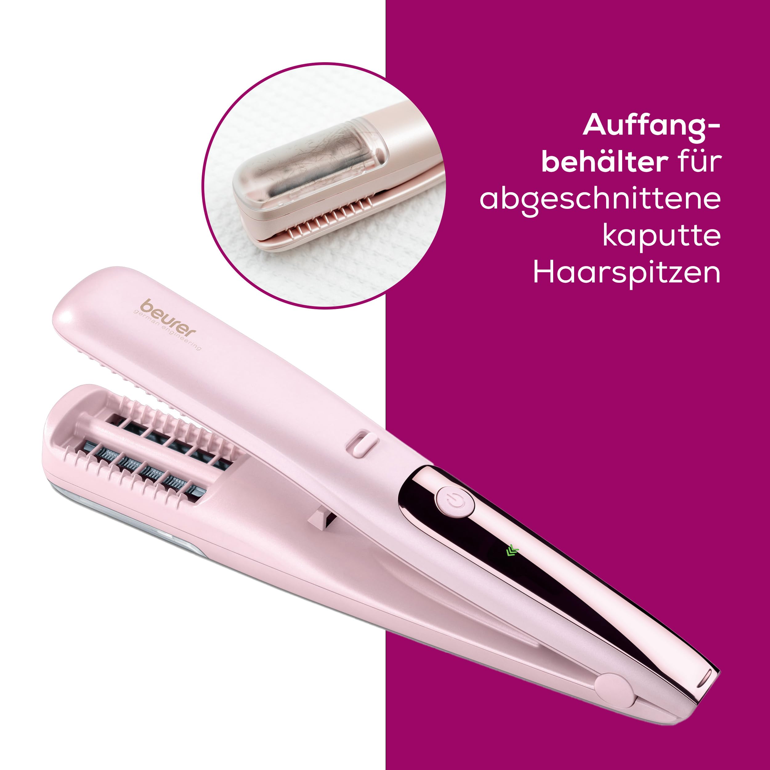 Beurer HT 22 Split End Remover, Removes Split Ends and Broken Hair Ends Quickly and Effectively, No Length Loss for Healthy Hair, with LED Display, 2 Hours Battery Life, Pink