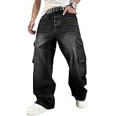 HUNGSON Mens Baggy Cargo Jeans for Men Y2k Skater Vintage Plain Pants Casual Wide Leg Jeans Loose Fit Denim Jeans