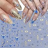 2 Sheets Star Evil Eye Nail Stickers for Nail Art, 3D Self-Adhesive Nail Decals Gold Star Snake Summer French Nail Supplies Nail Art Design Accessories for Women and Girls Manicure DIY Decoration