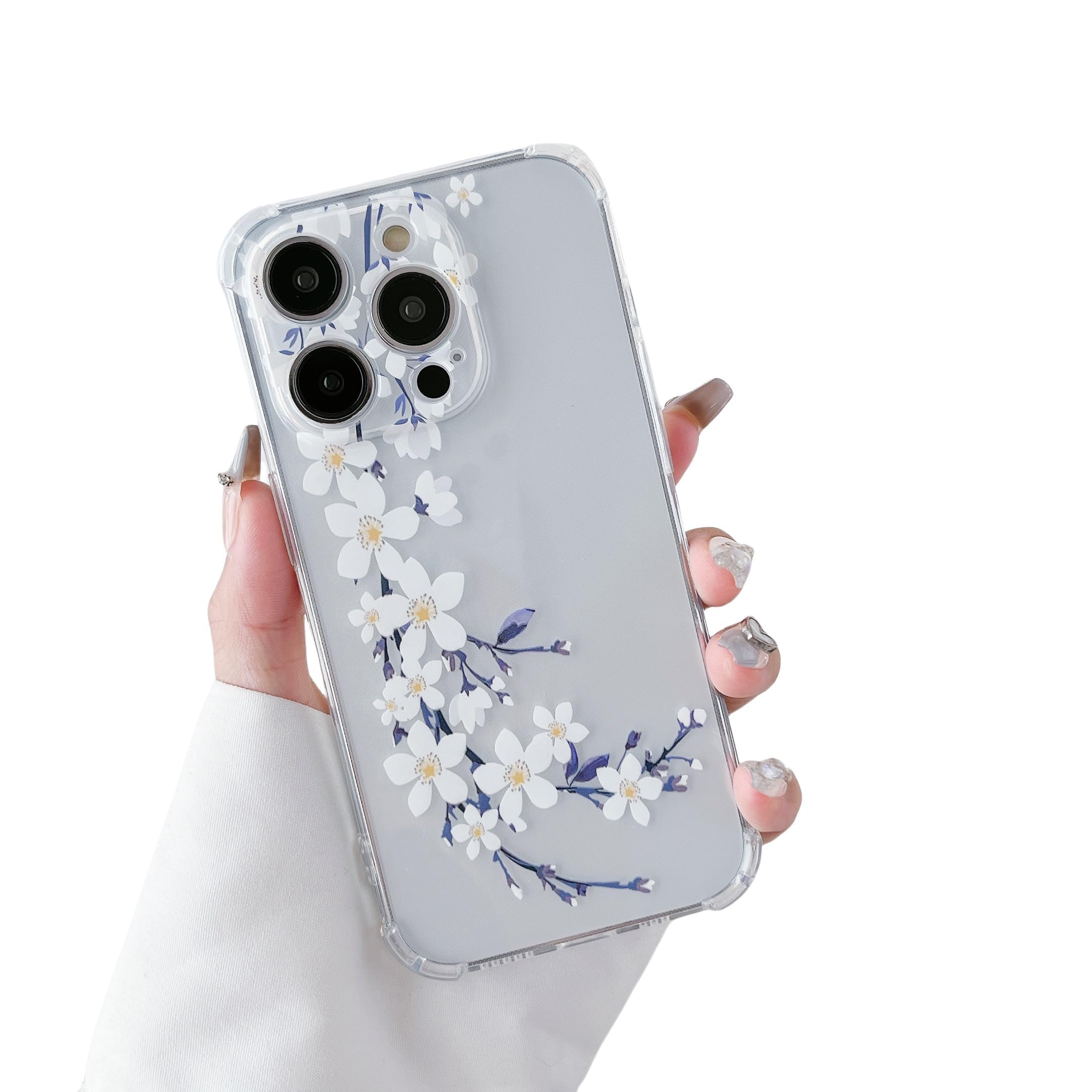 DEFBSC Soft Case Compatible with iPhone 16 Pro Max, Clear Floral Flower Pattern Print Design Flexible TPU Shockproof Cover for Women Girls, Flower Protective Phone Case, White Pear Blossom