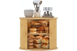 AUGOHCMIL Corner Bread Box for Kitchen Countertop, Double Layer Bamboo Bread Storage Bin,Dual-Side Sliding Roll-top Large Cap